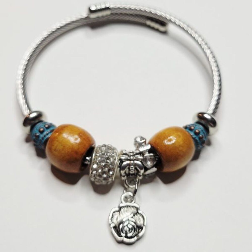 NWT Silver Color Stretch Charm Bracelet Wooden and Copper Patina Beads Flowers